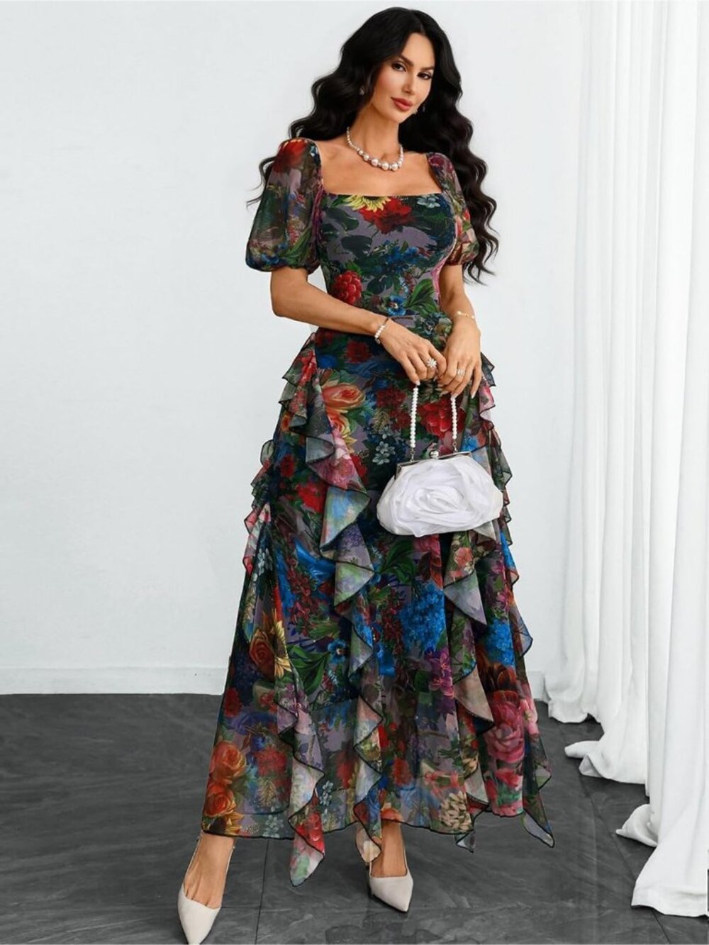 Women's Multicolor Square Neck Puff Sleeve Ruffle Stretch Mesh Fabric Dresses - Picture 6 of 7